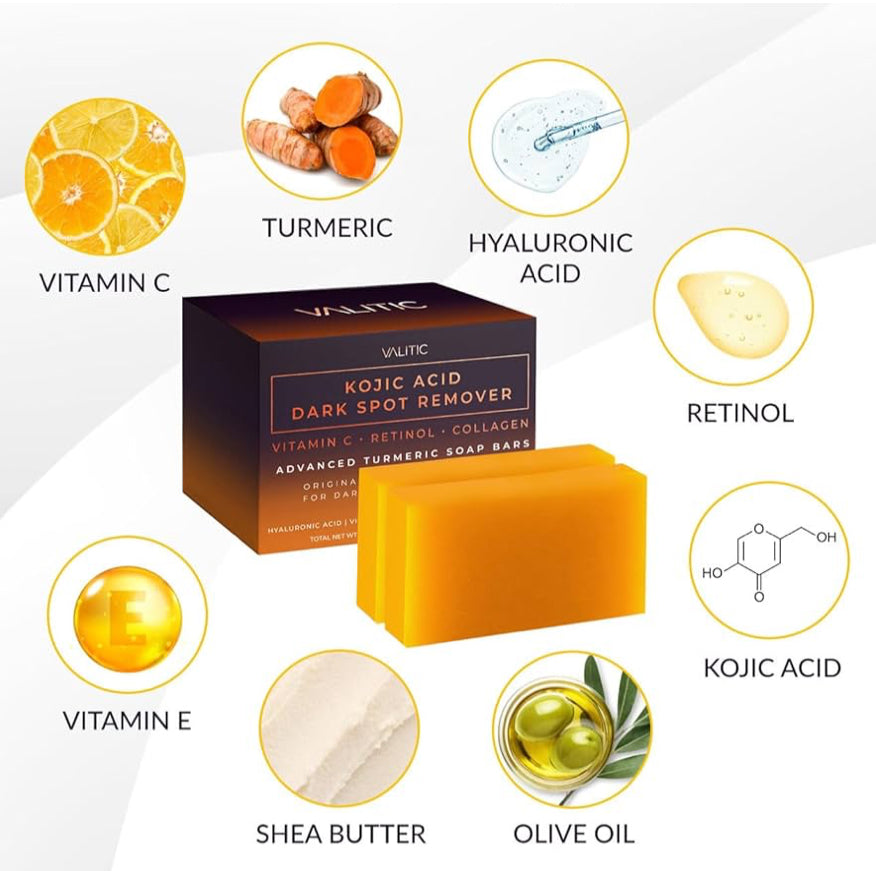 VALITIC Kojic Acid Dark Spot Remover Soap Bars with Vitamin C, Retinol, Collagen lot de (2)