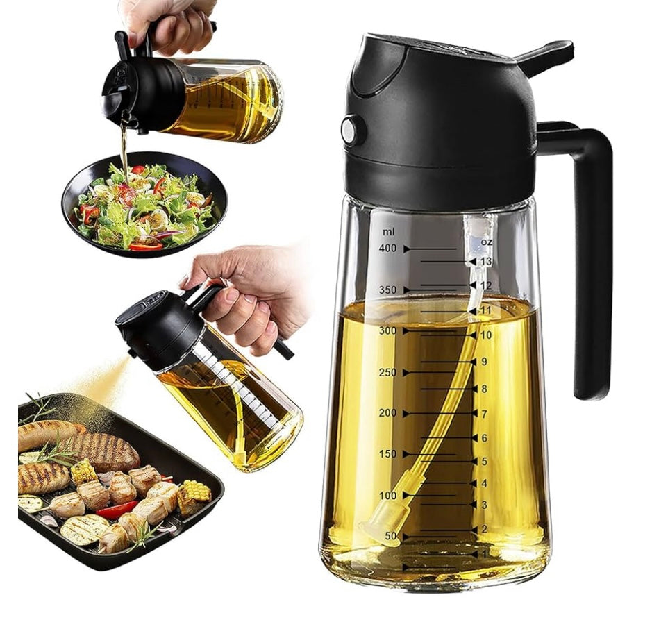 TrendPlain Vaporisateur d’huile d’olive en verre 470 ml/16 oz pour la cuisine – bouteille distributrice d’huile 2 en 1 pour accessoires de cuisine et friteuse à air, salade, barbecue
