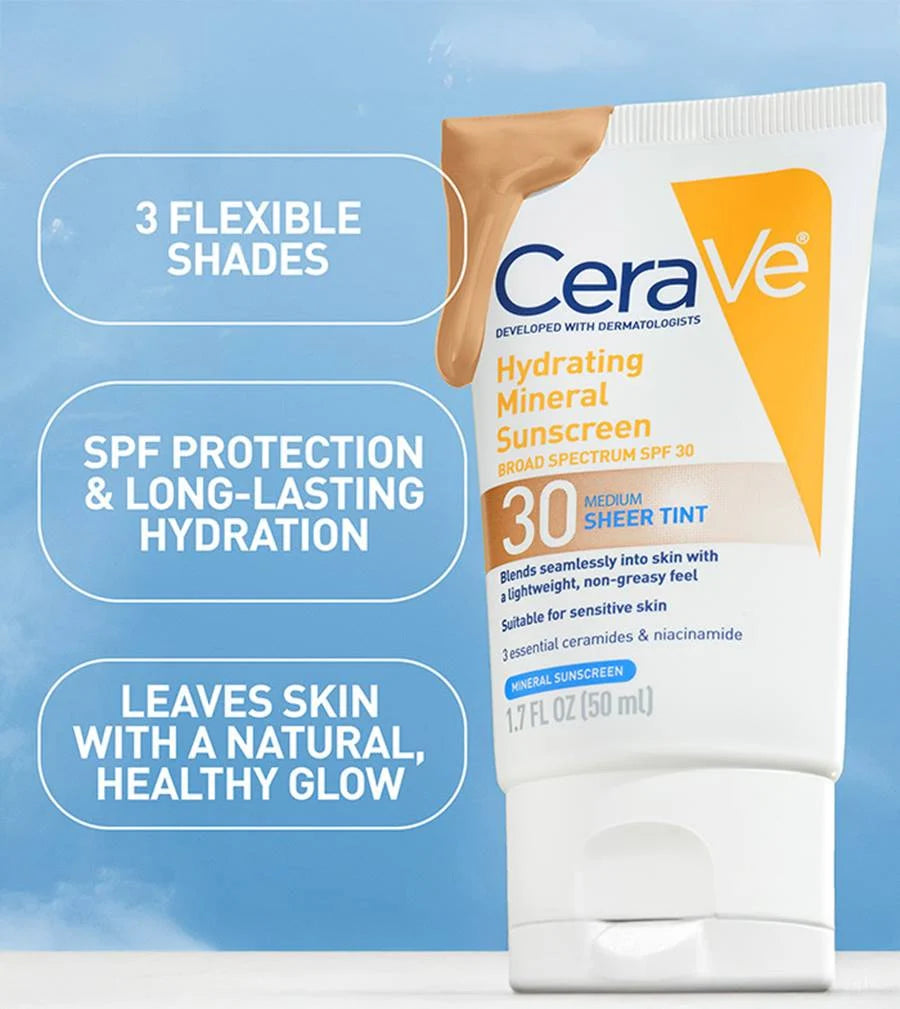 CeraVe Écran Solaire Minéral Hydratant SPF 30 pour le Visage – Teinte Claire