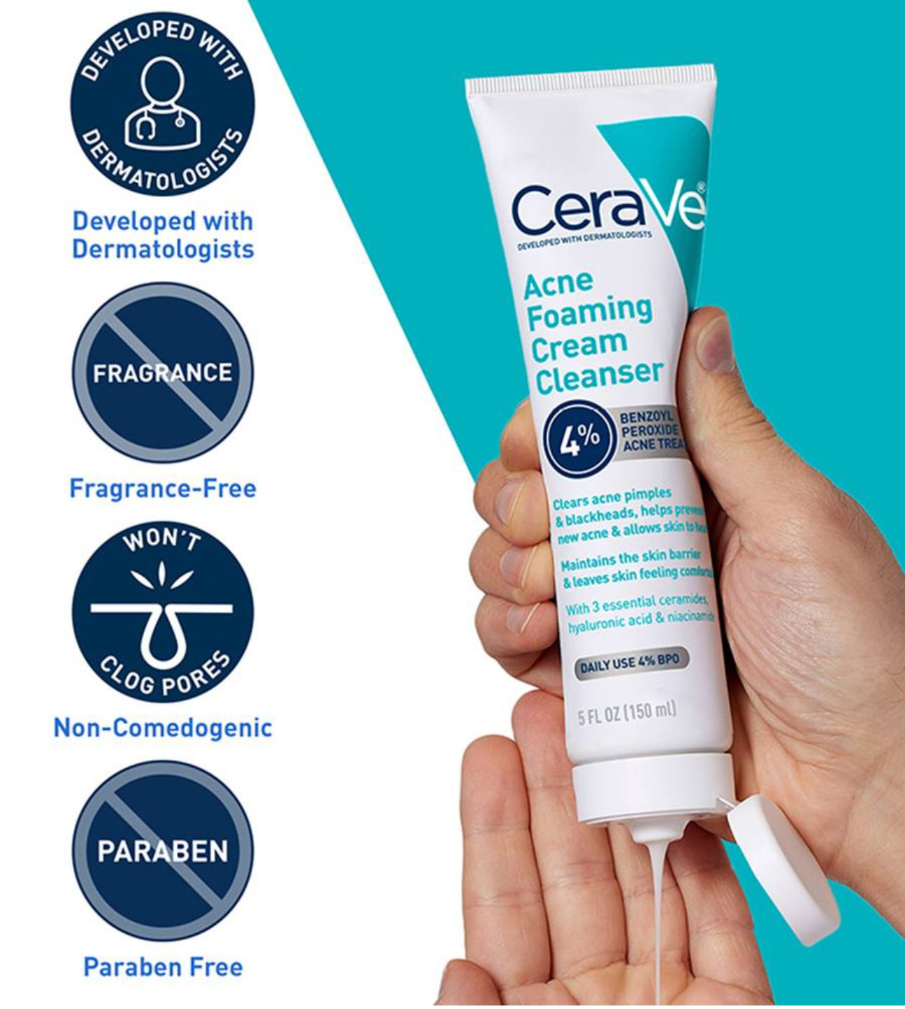 CeraVe Acne Foaming Cream Wash Cleanser 4% Benzoyl Peroxide-150ml